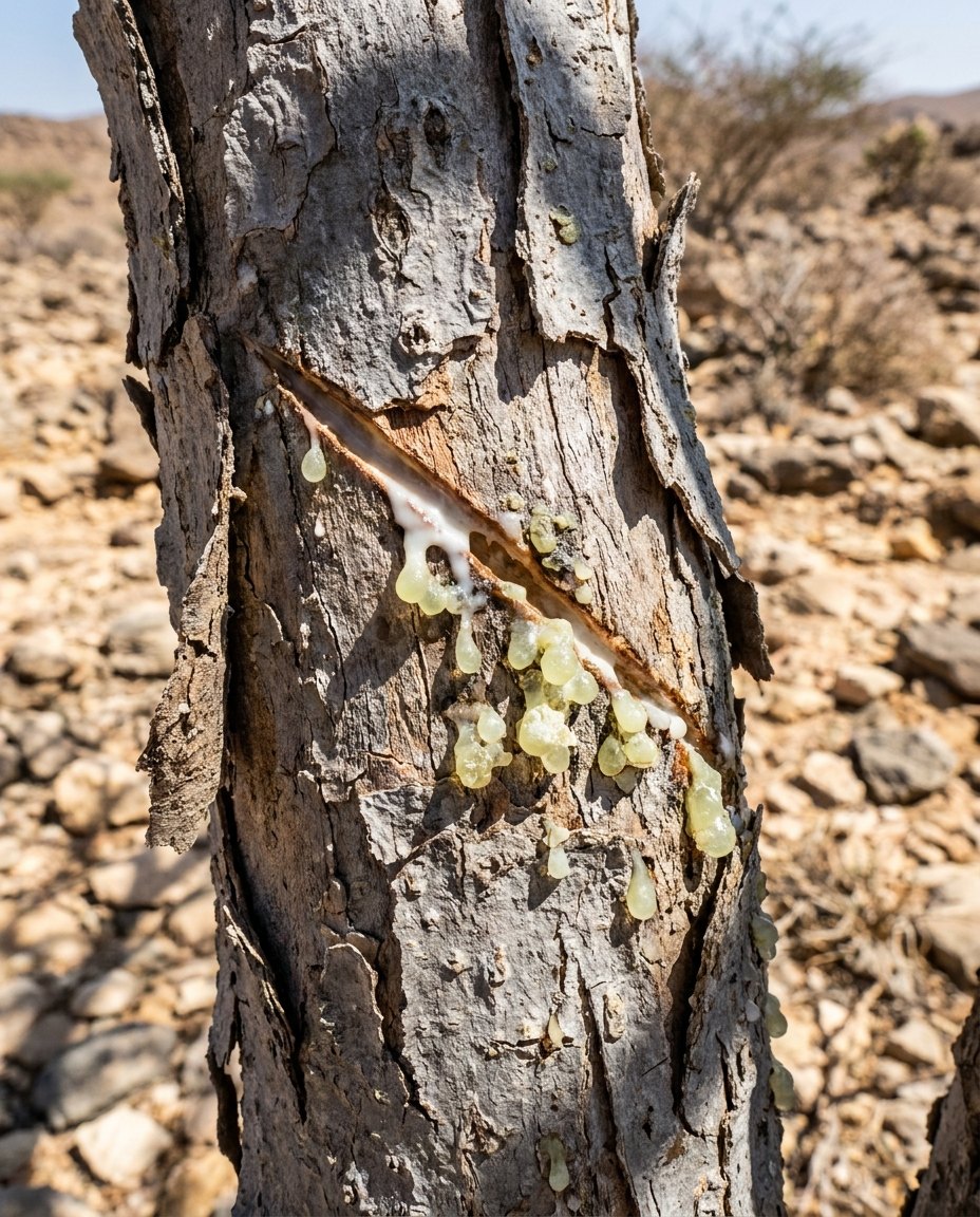 A cut in the bark of a frankincense tree with sap hardening into tears.