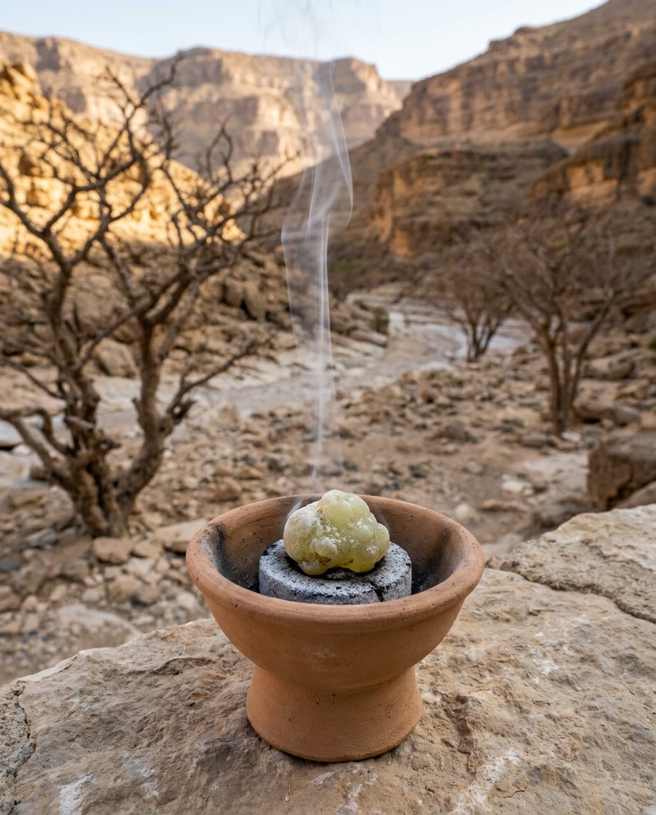 A frankincense tear smoking in a clay burner in a Dhofar wadi.