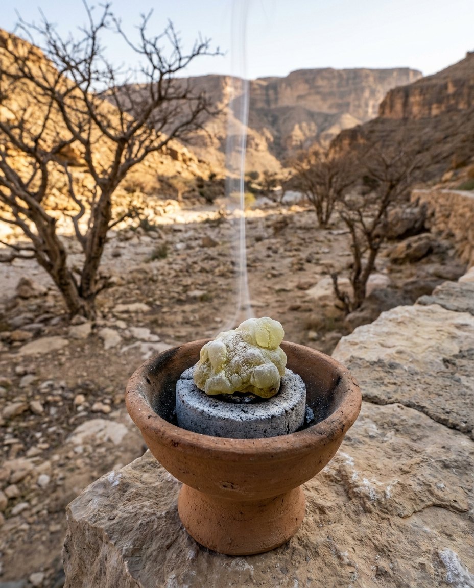 A lump of Hojari frankincense smoking on a charcoal disc in a clay burner, with the frankincense trees of a Dhofar wadi behind it.
