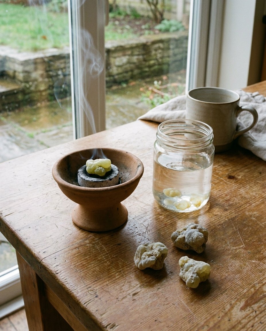 A clay burner smoking on a kitchen table beside a jar of water with tears steeping in it.