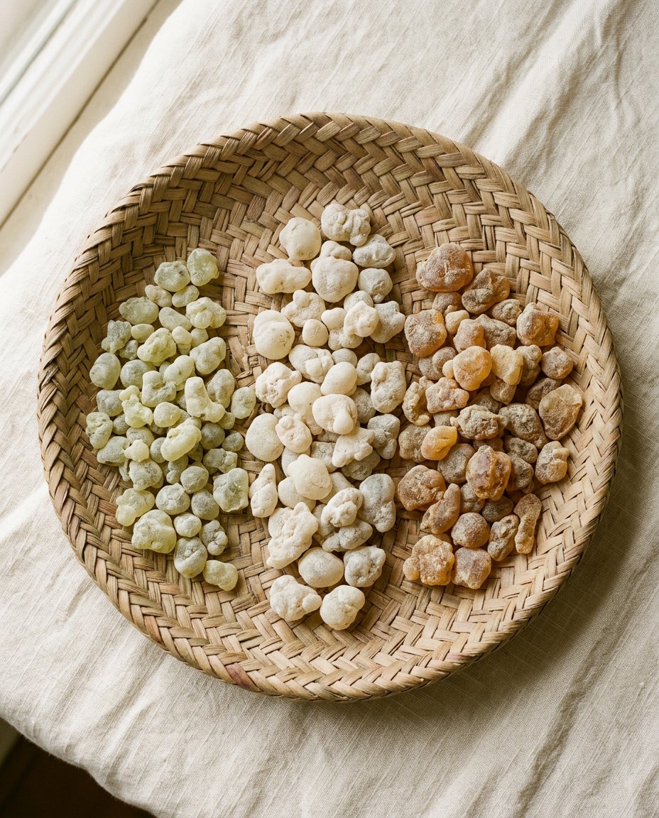 Frankincense tears sorted into green, white and amber on a woven tray.